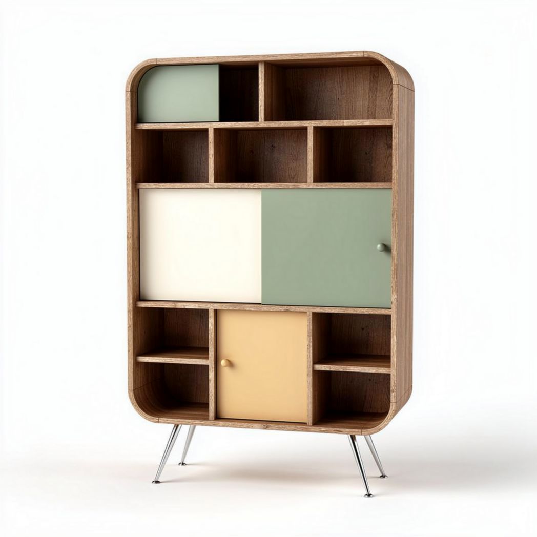 Wooden storage cabinet with multiple compartments and colored doors 80 x 40 x 120cm