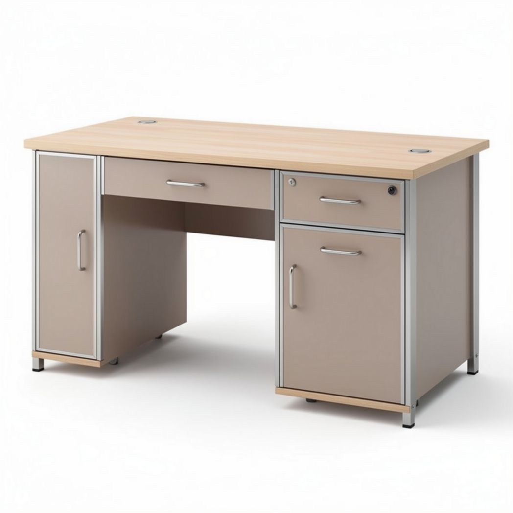Metal and wood office desk with drawers and storage cabinets 120 x 60 x 75cm