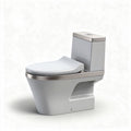 One-piece elongated toilet with dual flush system and ceramic construction