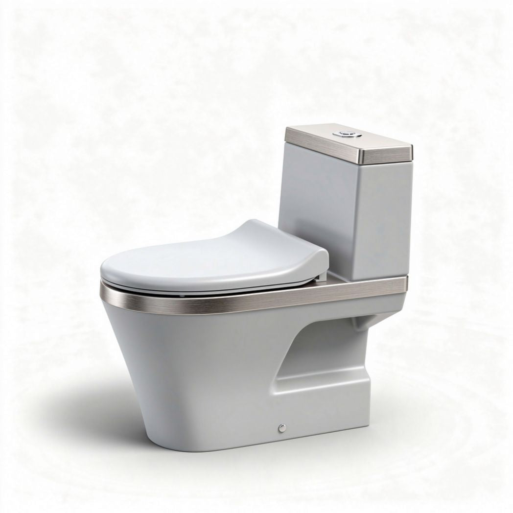 One-piece elongated toilet with dual flush system and ceramic construction