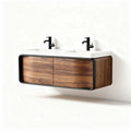 Wall-mounted bathroom vanity with dual sink in walnut finish 80 x 40 x 20cm