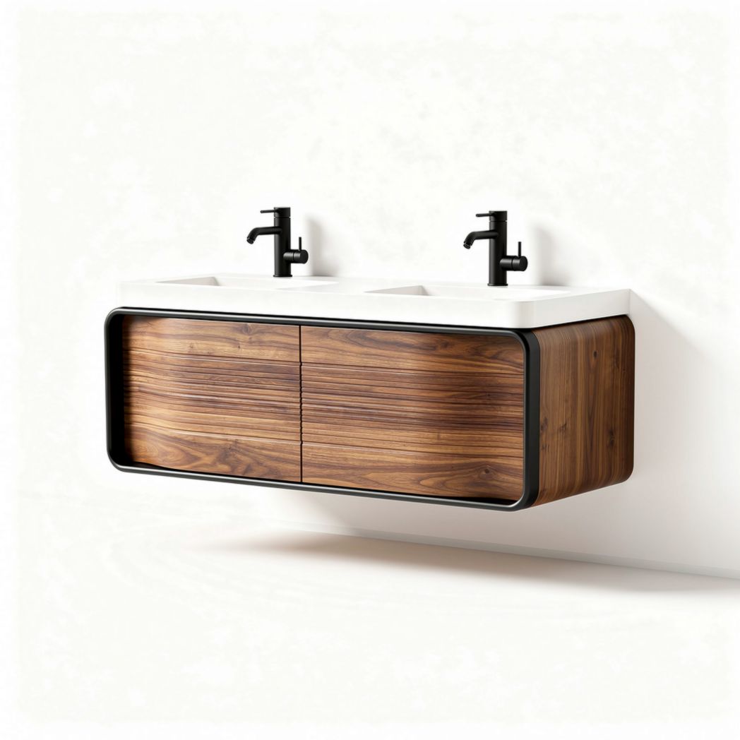 Wall-mounted bathroom vanity with dual sink in walnut finish 80 x 40 x 20cm