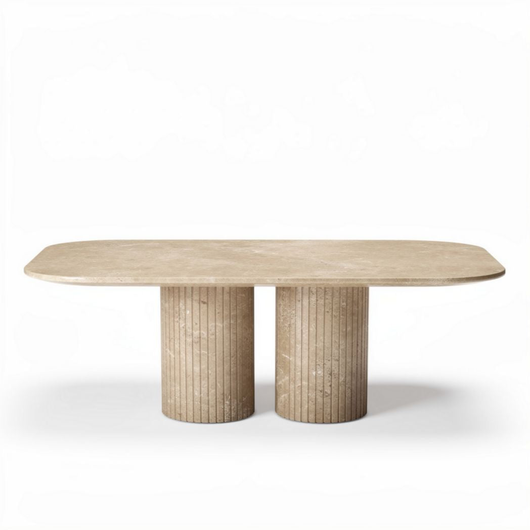 Marble dining table with oval top and cylindrical base in beige color