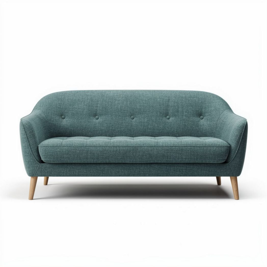 Mid-century modern sofa in teal fabric with wooden legs 180 x 80 x 70cm